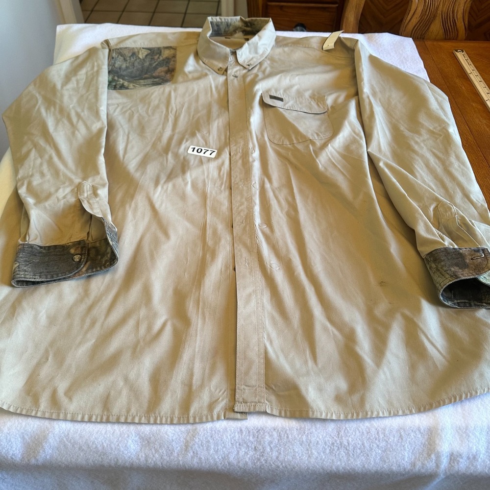 Whitewater Outdoors Button Down Mens 2XL Tan Beige Camo Trim Hunting Shirt Vtg